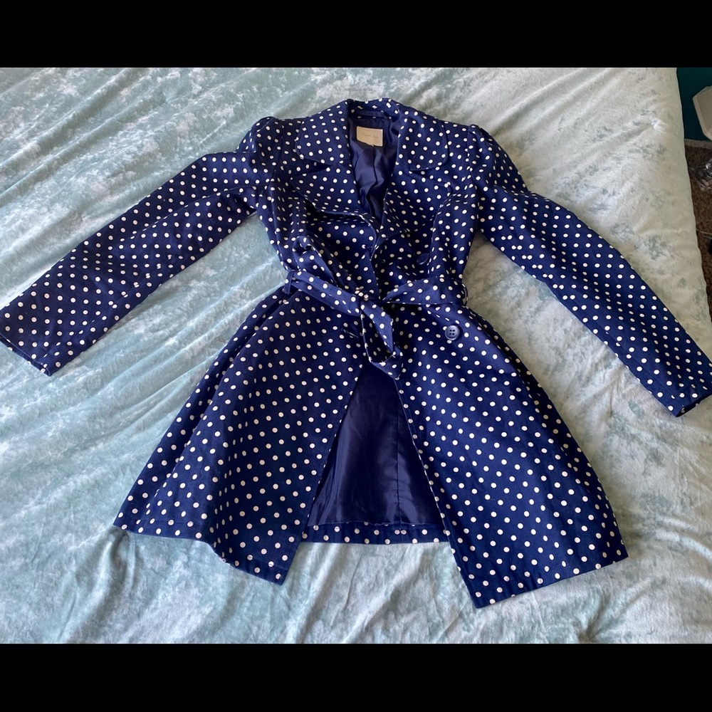 Navy and white polka dotted ModCloth Trench Coat